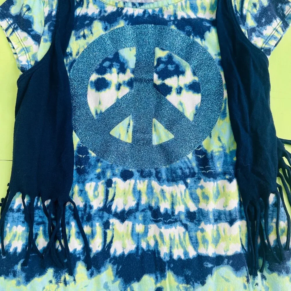 Justice Size 10 Tie Dye Peace Sign Dress Fringe Vest Blue Hippie Boho Style